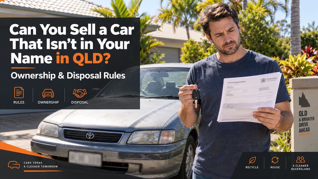 Man holding car keys and registration paperwork beside a used car in Queensland, illustrating rules for selling a car that isn't in your name.